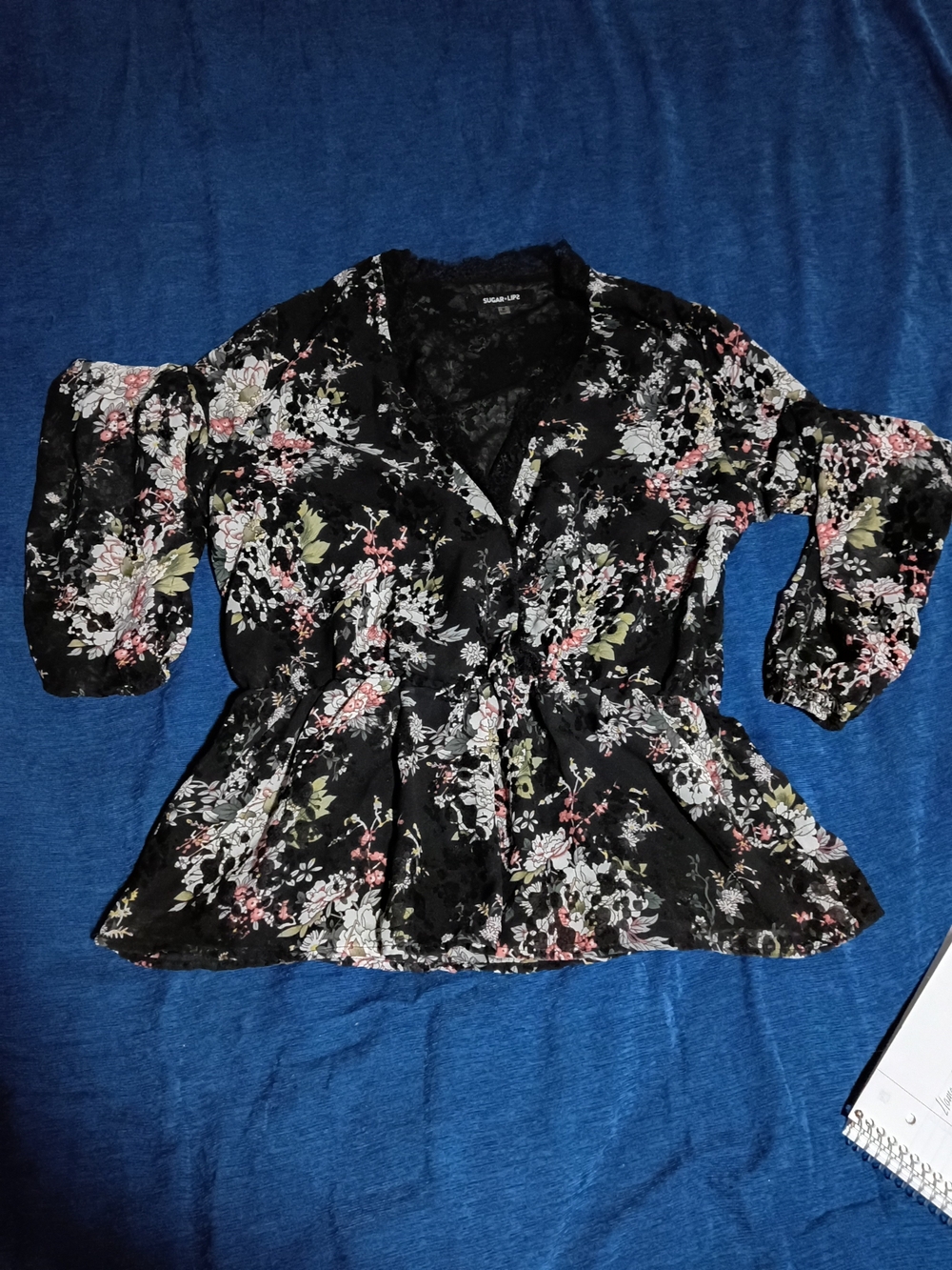 Sugarlips Black Floral Peplum Blouse with V-Neck
